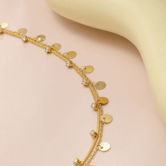 2/$30 Belly Chain Waist Chain Gold Tone Dual Layer NEW Circles Rhinestones - Picture 3 of 6